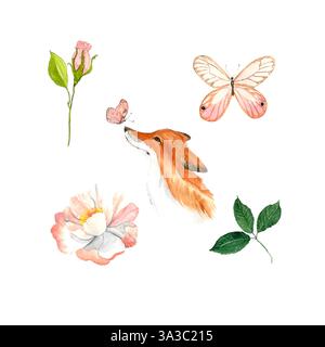 Aquarellillustration niedlicher Fuchs und Frühlingsblumen und Schmetterlinge Stockfoto