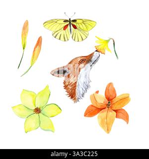 Aquarellillustration niedlicher Fuchs und Frühlingsblumen und Schmetterlinge Stockfoto