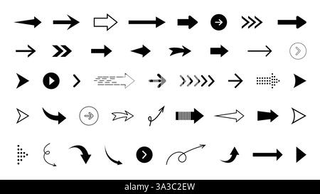 Schwarze Pfeile Symbolgruppe. Pfeilsymbol. Gekrümmte Pfeile. Pfeilzeichen. Flache Symbole. Vektorabbildung Stock Vektor