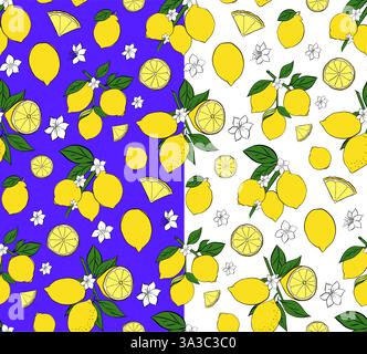 Zitronen an den Zweigen mit nahtlosem Schnittmuster und Blüten. Grafische Linie Tinte Vektor Illustration für Paket, Küchendesign, Stoff und Textil. Stock Vektor