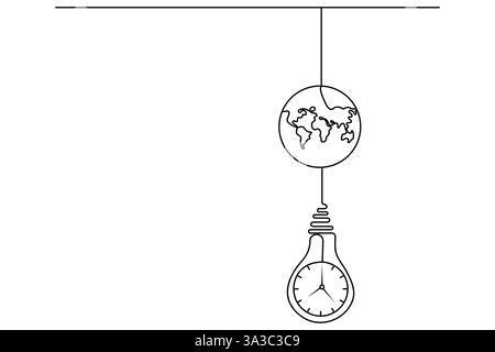 Durchgehende einzeilige Erdstunde Globus Weltkarte Umrissvektor Illustration Stock Vektor