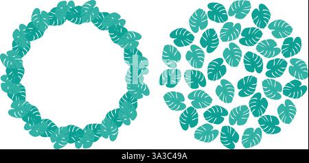 Monstera Leaves Tropical Circular Frame Border und Round Background Texture Copyspace Template Set 2. Isolierte Vektor-Illustration Thematische Karten, Poster, Preisschild, Etikett oder Web-Promo-Banner, Prospekt Stock Vektor
