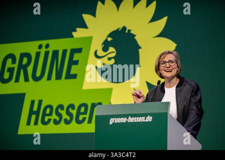 Marburg, Deutschland. März 2025. Franziska Brantner, Bundesvorsitzende des Bündnis 90/die Grünen, hält eine Rede auf der Hessischen Landesparteikonferenz Bündnis 90/die Grünen in den Lokschuppen in Marburg. Die Neuwahl des Landesvorstands steht auch auf der Tagesordnung der Parteikonferenz. Quelle: Christian Lademann/dpa/Alamy Live News Stockfoto