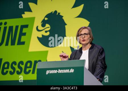 Marburg, Deutschland. März 2025. Franziska Brantner, Bundesvorsitzende des Bündnis 90/die Grünen, hält eine Rede auf der Hessischen Landesparteikonferenz Bündnis 90/die Grünen in den Lokschuppen in Marburg. Die Neuwahl des Landesvorstands steht auch auf der Tagesordnung der Parteikonferenz. Quelle: Christian Lademann/dpa/Alamy Live News Stockfoto