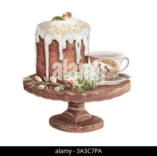 Osterkulich mit Ei und Tasse auf dem Kuchenständer. Aquarellillustration im Vintage-Stil. Festliche Bäckerei mit Blumen und Mandeln. Hand Stockfoto