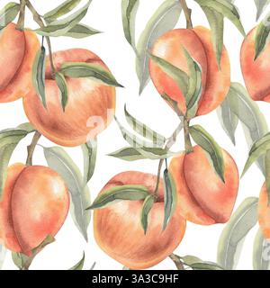 Nahtloses Muster mit frischen Orangenfrüchten mit Aquarellpfirsich und grünen Blättern. Handgezeichneter floraler Hintergrund mit Aprikose für Heimtextilien, Stoff, Wallpa Stockfoto