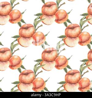 Pfirsiche, Früchte und Stücke, die mit grünen Blättern dekoriert sind, nahtlose Muster. Orange tropische Frucht Hintergrund mit Aprikose, Hand gezeichnet botanische cl Stockfoto