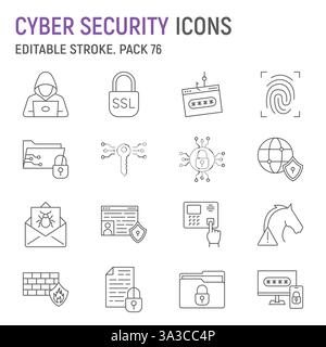 Cyber Security Line Symbolsatz, Netzwerksicherheitssammlung, Vektorgrafiken, Logoabbildungen, Online-Datenschutzvektorsymbole, Cyber-Schutz, Gliederung Stock Vektor