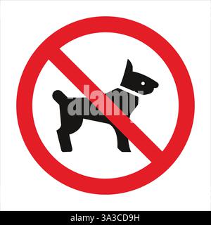 Roter Kreis mit diagonaler Linie, die die Silhouette des schwarzen Hundes durchkreuzt, weist darauf hin, dass Hunde nicht erlaubt sind Stock Vektor