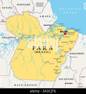 Para, ein Staat in Brasilien, politische Karte, mit der Hauptstadt Belem. Der Amazonasfluss grenzt an Guyana, Suriname und andere brasilianische bundesstaaten. Stockfoto