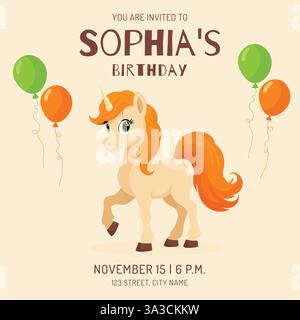 Nette Einhorn Geburtstagseinladungskarte Flache Vektor-Illustration. Stock Vektor