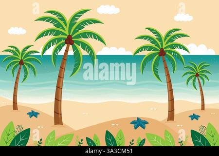 Flache Vektor-Illustration des tropischen Sommerstrandes mit Palmen. Stock Vektor