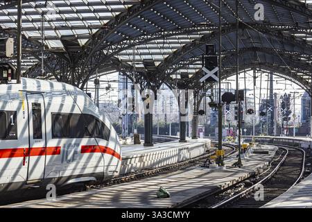 Kölner Hauptbahnhof, Bahnsteighalle und ICE. Köln, Nordrhein-Westfalen, Nordrhein-Westfalen, Deutschland, Europa Stockfoto
