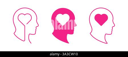Menschliche Kopf-Silhouetten mit Herzsymbolen für Liebe und Verstand-Konzept in auffälligem Pink Stock Vektor