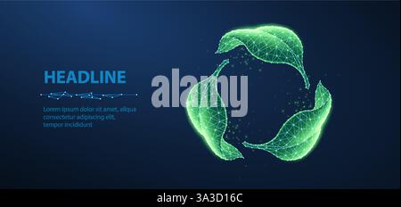 Recycling-Symbol auf blauem Hintergrund. Biologisch abbaubare Verpackung, grünes Blatt, Recyclingkonzept Stock Vektor