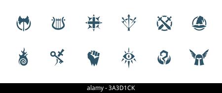 Zwölf einzigartige Fantasy-Ikonen mit Waffen, Symbolen und mystischen Elementen für kreative Projekte Stock Vektor