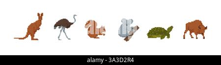 Pixel Art Tiere mit Koala Eichhörnchen Strauß und Känguru Design Stock Vektor
