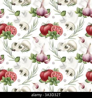 Tomaten, Knoblauch, Pilze, Basilikumblätter und Rosmarin. Frisches Gemüse. Aquarellnahrung nahtloses Muster auf weißem Hintergrund für Küchentischtexte Stockfoto