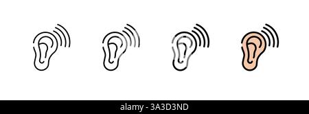 Satz von Ohrsymbolen mit Schallwellen in schwarzen Linien und einer farbigen Abbildung Stock Vektor