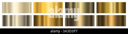 Ein Satz von acht Gold- und Platin-Verläufen auf weißem Hintergrund. Metallische Textur, glänzender Hintergrund. Stock Vektor