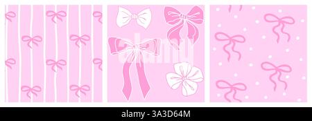 Niedliches Set mit nahtlosem Muster in Coquette. Hübsche mädchenhafte Bögen, Linien und Punkte auf rosa Hintergrund. Trendige feminine romantische Vorlage für Hochzeitskarten, Einladungen, Verpackung. Vektorabbildung. Stock Vektor