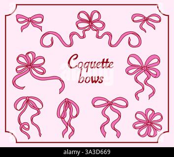 Niedliche rosa Coquette Bow Knoten isoliert auf Pastellrosa. Handgezeichnete Mädchenschleifen Briefschreiben Schreibwaren. Trendige feminine romantische Ikonen für Hochzeitsfeiern, Feiertage, Partydekoration, Geschenk, Präsenzkonzept. Stock Vektor