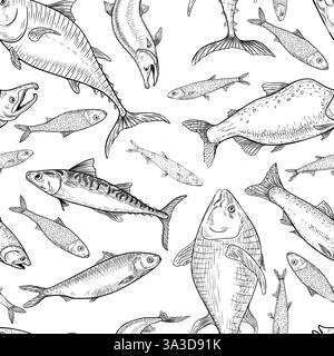 Sardine, Sardellen monochrome Vektor nahtlose Muster Hand gezeichnet. Hering, Flunder, schwarz-weiße Zeichnung. Fisch Thunfisch, Lachs, Makrele, Gravur Textur Stock Vektor