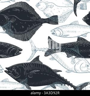 Thunfisch, Heilbutt und Lachs nahtloses Muster in schwarzweißem Vektor. Handgezeichneter Gravur von Meeresfischen auf einem wiederholten Hintergrund. Design für Meeresfrüchte Stock Vektor