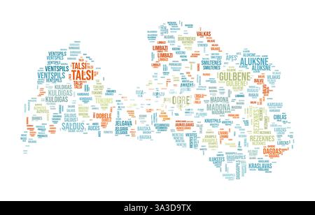 Lettland Word Cloud. Länderform mit Gebietseinteilung. Lettland Typografie-Stil Bild. Bereichsnamen kennzeichnen Wolken. Vektorabbildung. Stock Vektor