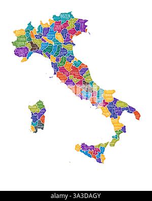 Italienische Form. Country Wortwolke mit Bereichsbereich. Farbige Abbildung in Italien. Bereichsnamen Cloud. Vektorabbildung. Stock Vektor