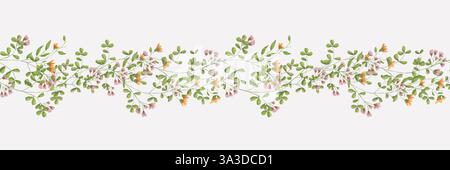 Wiesenblumen und -Blätter an horizontaler Grenze. Digitale Illustration mit Aquarell. Helle Wildblumen verflochten auf nahtlosem Muster, isoliert auf Backg Stockfoto