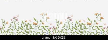 Wiesenblumen und -Blätter an horizontaler Grenze. Digitale Illustration mit Aquarell. Helle Wildblumen wachsen auf nahtlosem Muster, isoliert auf Hintergrund. Stockfoto