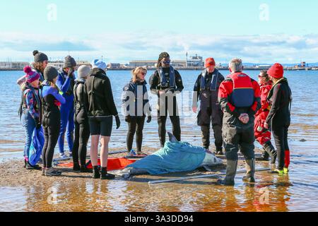 Barassie Beach, Ayrshire, Schottland, Großbritannien. Barassie, Großbritannien. März 2025. Mitglieder der British Divers Marine Life Rescue (BDMLR) hielten am Barassie Beach am Firth of Clyde, Ayrshire, Schottland, Großbritannien, ein Training für Freiwillige und Veterinärstudenten, um mit Delfinen und Walen umzugehen und sie zu retten. Die Sitzung beinhaltete ein praktisches Training mit aufblasbaren Meerestieren in lebensgroßer Größe. Quelle: Findlay/Alamy Live News Stockfoto