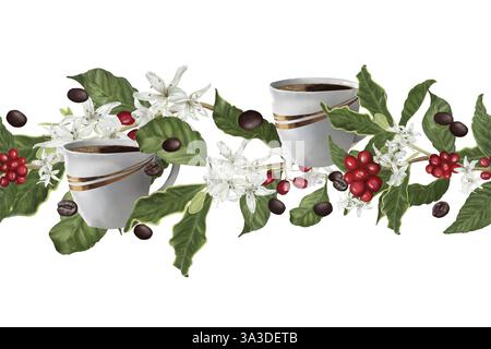 Kaffeebaumzweige und rote Beeren. Digitale Aquarellabbildung. Kaffeebaumblüten und Lilien isoliert auf einem Hintergrund. Horizontale nahtlose bo Stockfoto