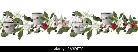 Kaffeebaumzweige und rote Beeren. Digitale Aquarellabbildung. Kaffeebaumblüten und Lilien isoliert auf einem Hintergrund. Horizontale nahtlose bo Stockfoto