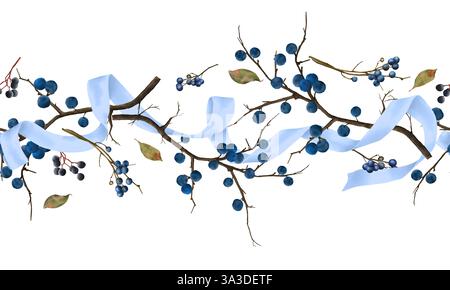 Baumzweige mit blauen Beeren. Digitale Illustration mit Aquarell. Dorndorn und satiniertes blaues Band, isoliert auf weißem Hintergrund. Horizontale se Stockfoto