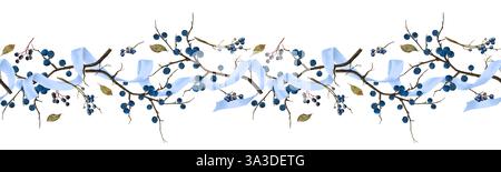 Baumzweige mit blauen Beeren. Digitale Illustration mit Aquarell. Dorndorn und satiniertes blaues Band, isoliert auf weißem Hintergrund. Horizontale se Stockfoto