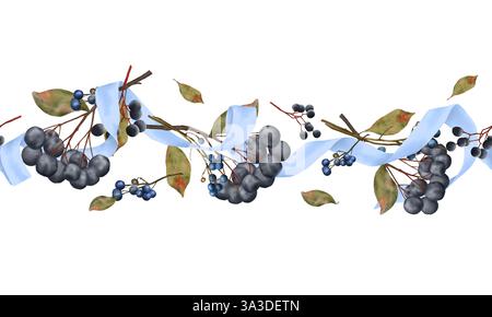 Zweig von wilden Trauben und Archaeberry. Digitale Illustration mit Aquarell. Dorndorn und satiniertes blaues Band isoliert auf weißem Hintergrund. Horizontal Stockfoto