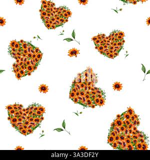 Nahtloses Blumenmuster. Gelbe und rote Blüten, eingerahmt von grünen Zweigen und Blättern. Aquarellabbildung. Botanische Illustration. Die Blumen sind hoch Stockfoto