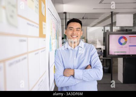 Glücklicher, gutaussehender junger asiatischer Geschäftsmann, der am Whiteboard steht Stockfoto
