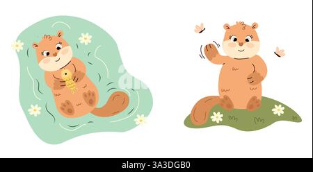 Niedliche Otter-Set mit niedlichen Otter-Illustrationen Stock Vektor