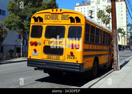 Rückansicht eines traditionellen amerikanischen gelben Schulbusses auf der Straße Stockfoto