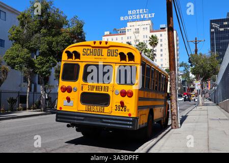 Rückansicht eines traditionellen amerikanischen gelben Schulbusses auf der Straße Stockfoto
