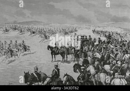 Madrid, Spanien. Kavallerie-Manöver auf den Feldern von Carabanchel. Am 31. Januar 1883 beendeten die militärischen Übungen zu Ehren von Prinz Ludwig Ferdinand von Bayern, Verlobter der Infanta María de la Paz von Spanien. Eine Kavallerie-Division parierte in Ehrensolonne und Galopp vor König Alfonso XII., dem bayerischen Fürsten und dem infanten Don Antonio. Zeichnung von Juan Comba. Stich von Tomás Carlos Capuz (1834-1899). La Ilustración Española y Americana (die spanische und amerikanische Illustration), 8. Februar 1883. Stockfoto