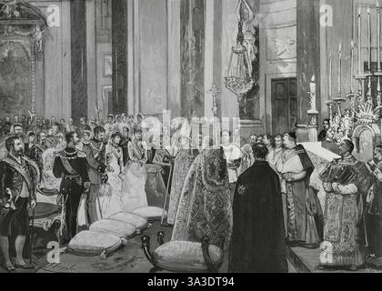 Infanta María de la Paz von Spanien (María de la Paz de Borbón) (1862-1946). Infantin von Spanien. Prinzessin von Bayern durch ihre Heirat am 2. April 1883 mit ihrem Cousin Prinz Ludwig Ferdinand von Bayern (1859–1949). Die Hochzeit wird im Königlichen Palast von Madrid gefeiert. Zeremonie des Hochzeitssegens in der Königlichen Kapelle. Im Presbyterium waren die Könige Alfonso XII. (Patenvater) und Maria Christina (Patenmutter). Zeichnung aus dem Leben von Juan Comba. Stich von Vela. La Ilustración Española y Americana (die spanische und amerikanische Illustration), 15. April 1883. Stockfoto