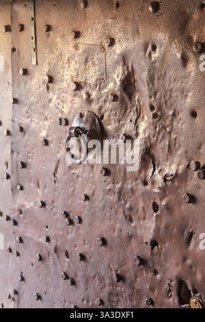 Eine detaillierte Nahaufnahme einer verwitterten Metalltür mit rostiger Textur und eisernen Elementen vermittelt ein Gefühl von Geschichte und rustikaler Handwerkskunst. Stockfoto