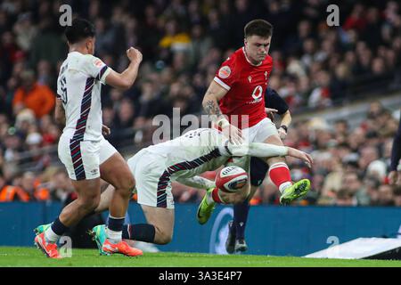 Cardiff, Großbritannien. März 2025. Joe Roberts aus Wales tritt den Ball beim Guinness 6 Nations Match Wales gegen England 2025 im Principality Stadium, Cardiff, Vereinigtes Königreich, 15. März 2025 (Foto: Andrew Lewis/News Images) in Cardiff, Vereinigtes Königreich am 15. März 2025. (Foto: Andrew Lewis/News Images/SIPA USA) Credit: SIPA USA/Alamy Live News Stockfoto
