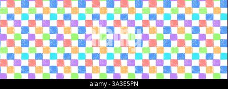 Nahtloses Gingham-Muster. Mosaikschmuck mit gezackten rot-blau-orangen Quadraten, gezeichnet mit farbenfroher Holzkohle. Moderner Hintergrund mit farbiger Kreide Stock Vektor