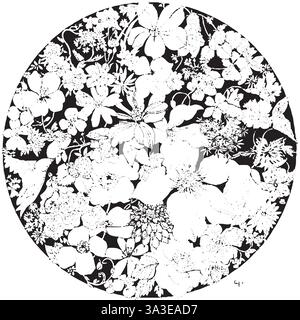 Gravur eines Blumenstraußes in einem Kreis, Vektorgrafik monochrome Illustration Stock Vektor