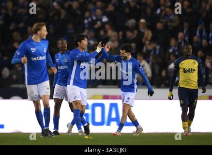 Genk, Belgien. März 2025. Genk's Hyon-Gyu Oh feiert während eines Fußballspiels zwischen KRC Genk und Union Saint-Gilloise am Samstag, den 15. März 2025 in Genk, am 30. Tag der Saison 2024-2025 der ersten Liga der „Jupiler Pro League“ der belgischen Meisterschaft. BELGA FOTO JOHN THYS Credit: Belga News Agency/Alamy Live News Stockfoto